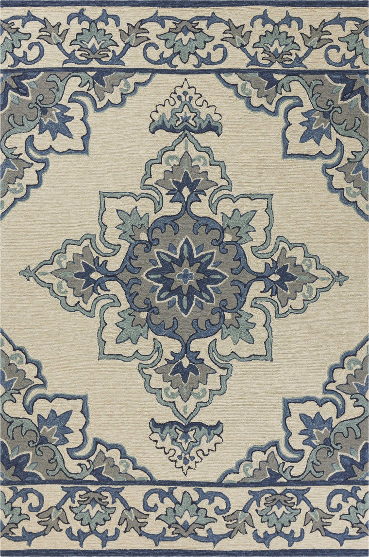 2'x3' Ivory Blue Hand Hooked Floral Medallion Indoor Outdoor Accent