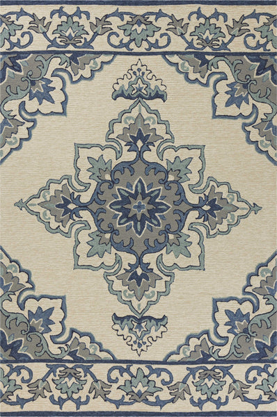 2'x3' Ivory Blue Hand Hooked Floral Medallion Indoor Outdoor Accent