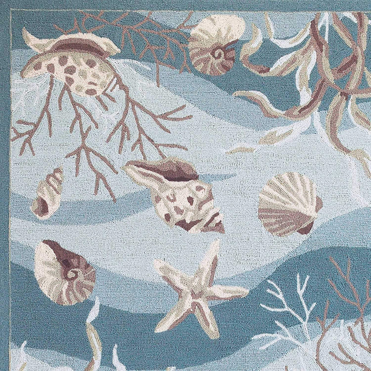 5'x8' Seafoam Green Hand Hooked Sea Shells Indoor Area Rug