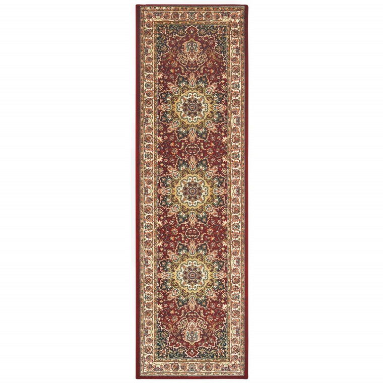 8' Red Ivory Machine Woven Oriental Indoor Runner Rug