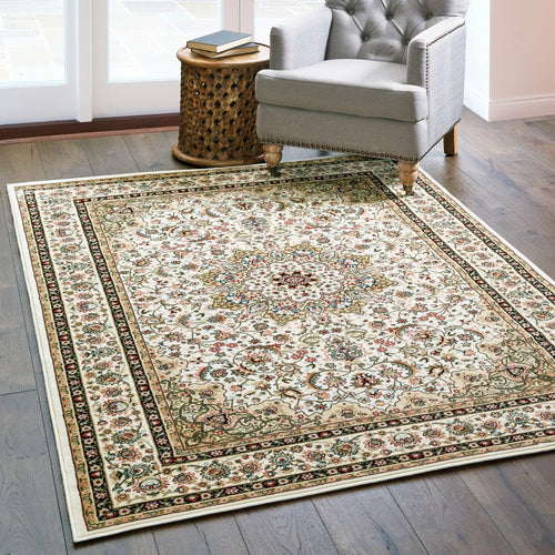 7' x 10' Ivory Beige Machine Woven Oriental Indoor Area Rug