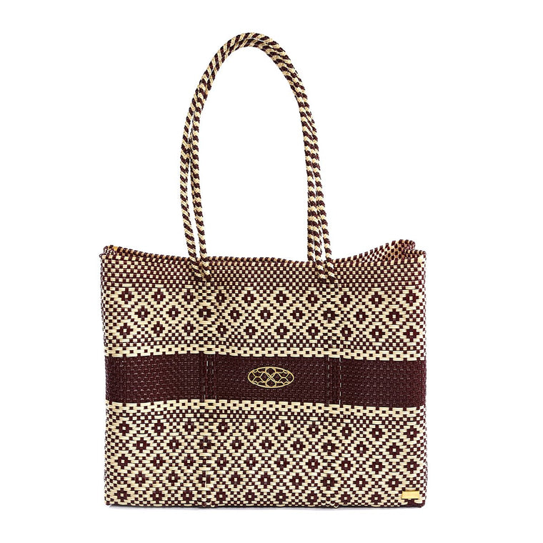 BURGUNDY BEIGE AZTEC STRIPE TRAVEL TOTE BAG WITH CLUTCH